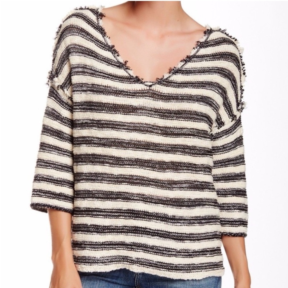 Free People Frayed V-Neck Striped Sweater - Black & Cream
